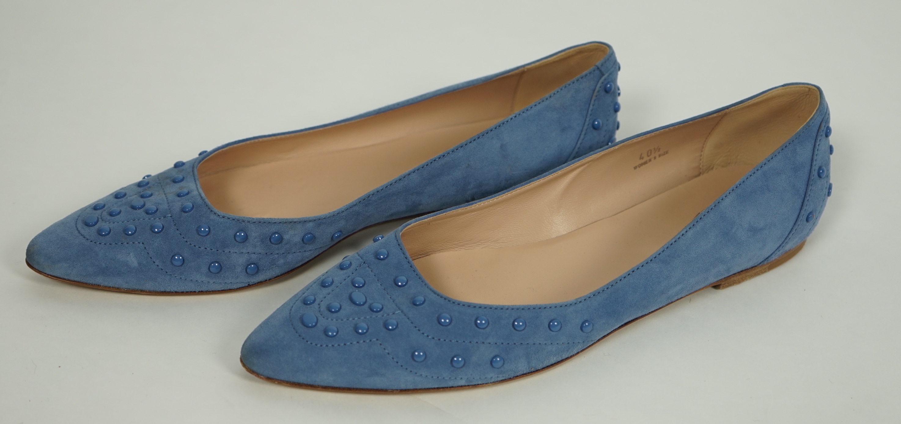 A pair of Tod's lady's light blue suede leather studded ballet flats, size 40.5